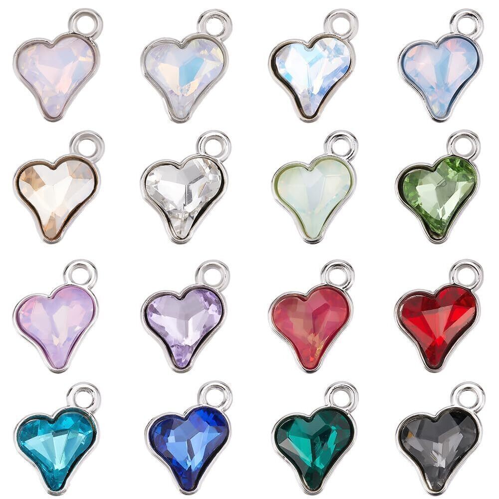 4624 1 Box 64Pcs 16 Styles Glass Hearts Charms Colorful Heart Charms Love